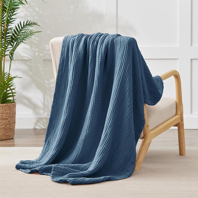 100% Cotton Throw Blanket 50" x 70" Dark Blue, 6 Layers Large Breathable and Lightweight Cotton Blanket for Bed and Couch, Soft Quilt Bedspread, Gauze Blanket for Adults All Season, Blue