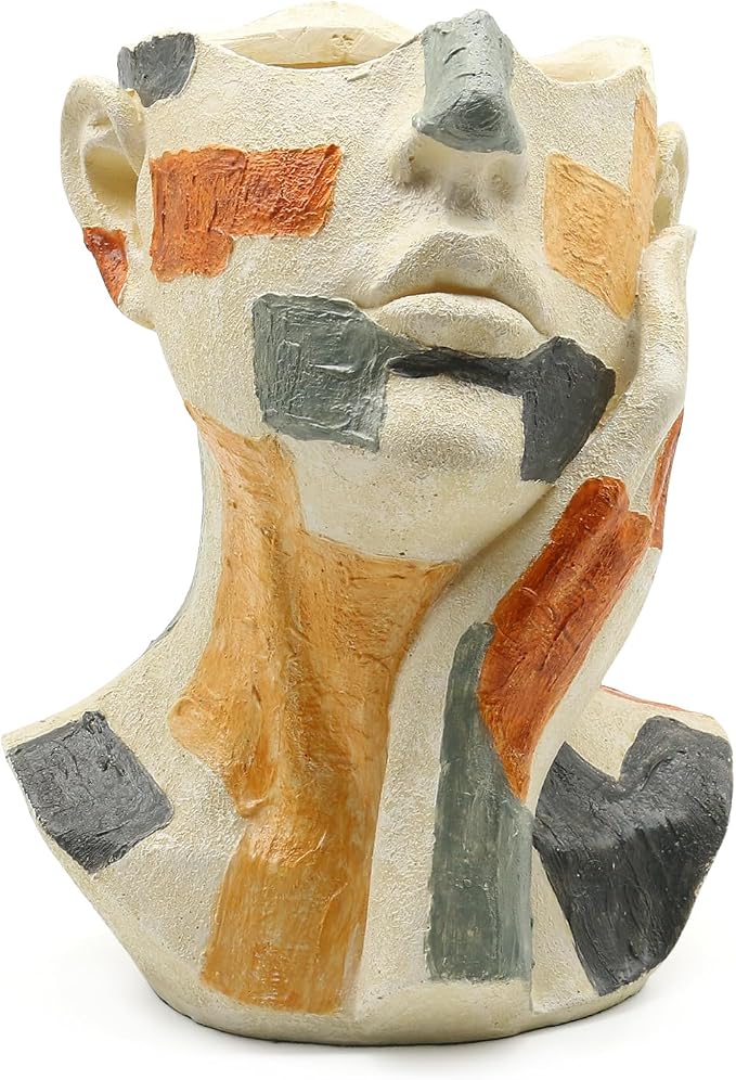 Lukitas Abstract Face Planter, Faux Sandstone Decorative Vase, Resin 10.5'' | Colorful Artistic Flower Plant Pot for Garden Patio Living Room Desk Shelf Decor