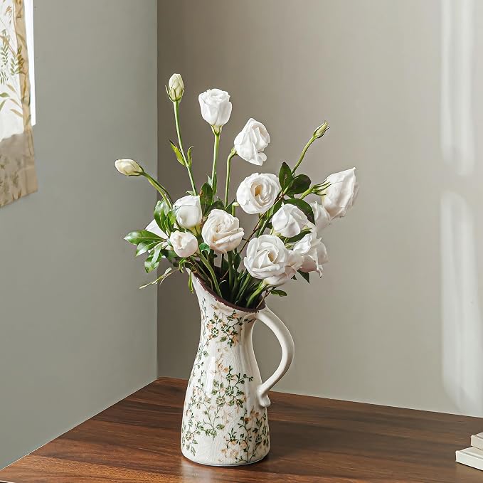 Ceramic Flower Vase for Home Decor, Vintage Green Pitcher Vase 7.3 Inch | Rustic Farmhouse Floral Vase for Entryway, Coffee Table, Living Room, Kitchen, Mantel, Bookshelf, Wedding Centerpiece
