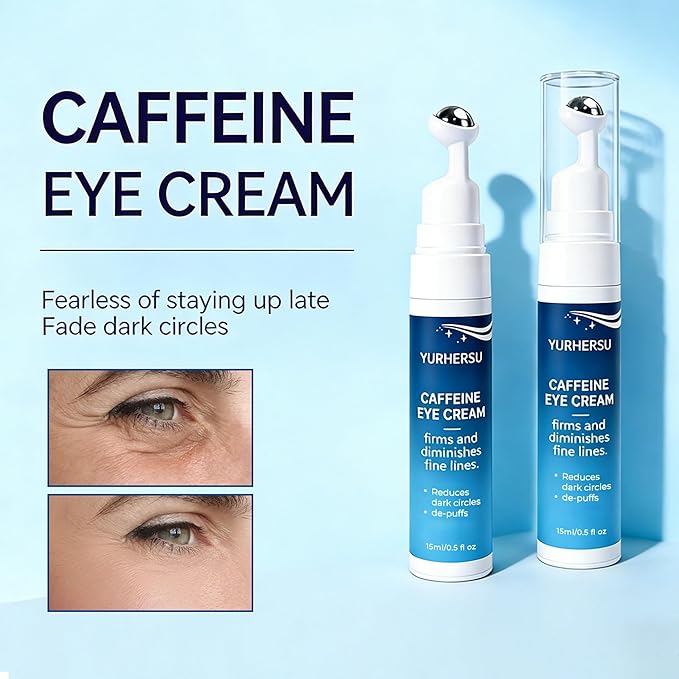 Caffeine Eye Cream with 360° Roller, Depuffing Serum with Caffeine, Collagen, Hyaluronic acid, Hydrating Under Eye Cream Firming Gel Reduce Puffiness, Dark Circle, Fine Lines & Bags, 0.5 Oz