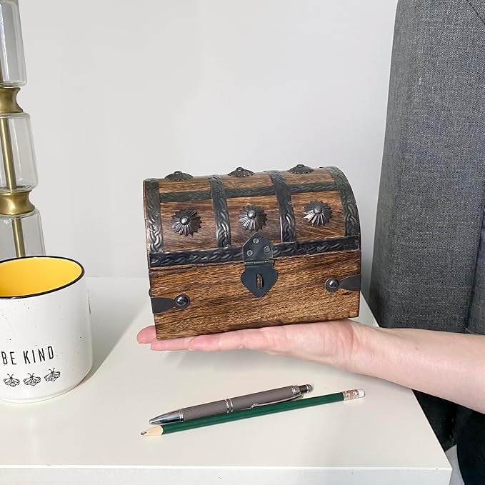 Treasure Chest Keepsake and Decorative Wood Box (Medium 6.5x4.5x4.5) - Storage Box, Wooden Box with Hinged Lid, Rustic Storage, Pirate Storage Box, Vintage Wooden Chest