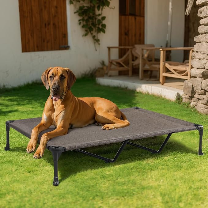 Veehoo Outdoor Elevated Dog Bed Large Sized Dogs, XXL Cooling Raised Dog Cots Beds Training Platform Off Ground Hammock with Breathable Mesh, No-Slip Feet, 59"x37.5", Brown | Off-ground training platform, portable camping hammock, breathable mesh, easy...
