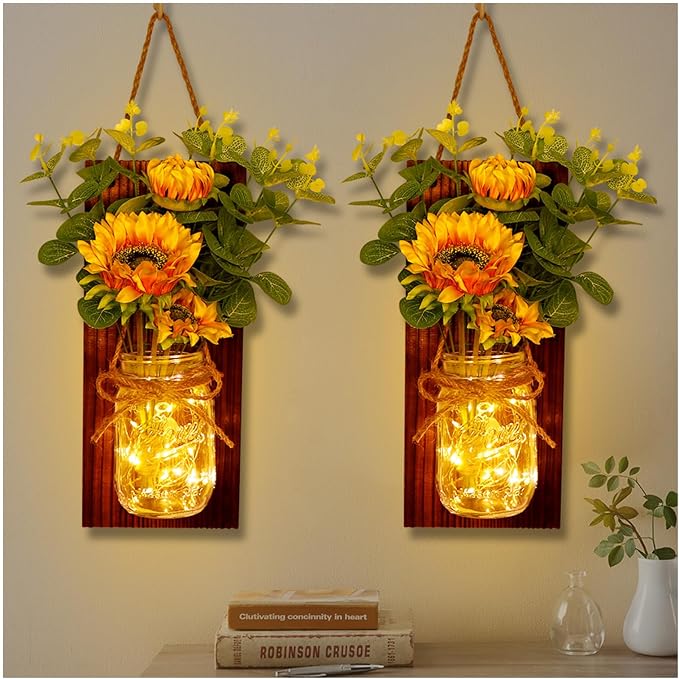 OurWarm Sunflower Wall Sconces Set of Two, Mason Jar Sconces Farmhouse Wall Decor Comes with Remote Control and Warm Toned LED Lights, Rustic Sunflower Decor for Home Kitchen Dining Room Living Room