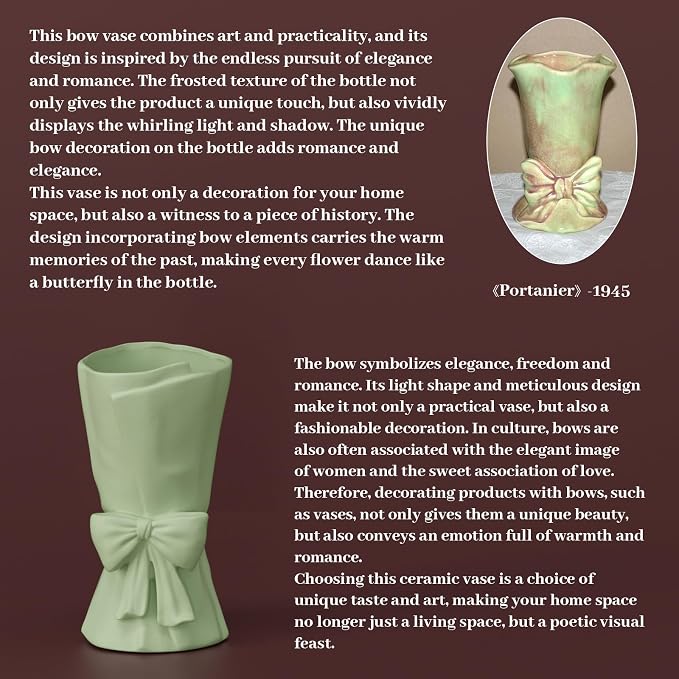 Relexome Green Ceramic Bow Vase 9.64 in Unique Cute Modern Decorative Bouquet Flower Vases for Home Living Room Table Decor Women Girl Gifts