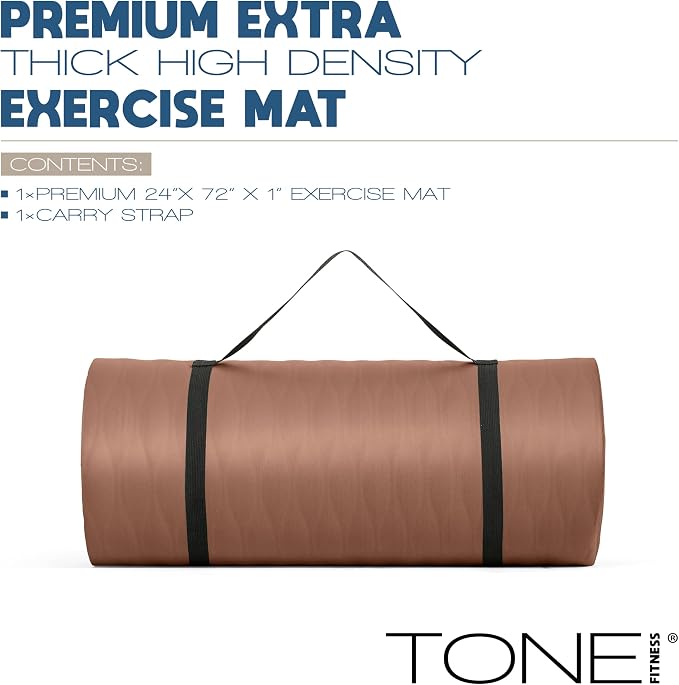 Tone Fitness 1-Inch Thick Yoga Mat | High-Density, Non-slip Exercise Mat with Carrying Strap for Yoga, Pilates, & Home Gym Workouts | Multiple Options