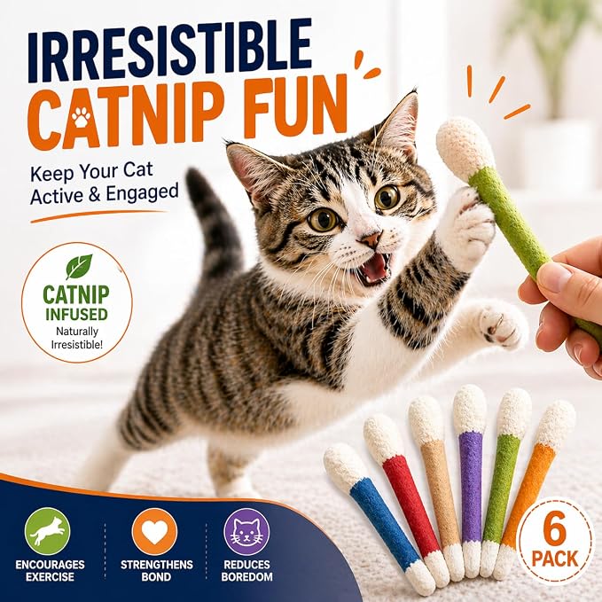 Giant Catnip Cat Toys for Indoor Cats, 6 Pack Interactive Cat Toy, Oversized Cotton Swab Design, Kitten Toys for Boredom Relief, Exercise & Play