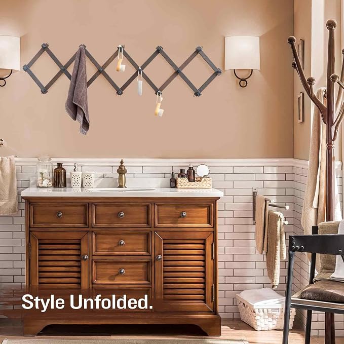 SCUNDA Rustic Wall Mounted Hat Rack with Space Saving Accordion Design, Expandable Hat Holder with 16 Wood Hooks, Modern Farmhouse Wall Hanger for Mug, Coat, Bags(Shabby Grey)