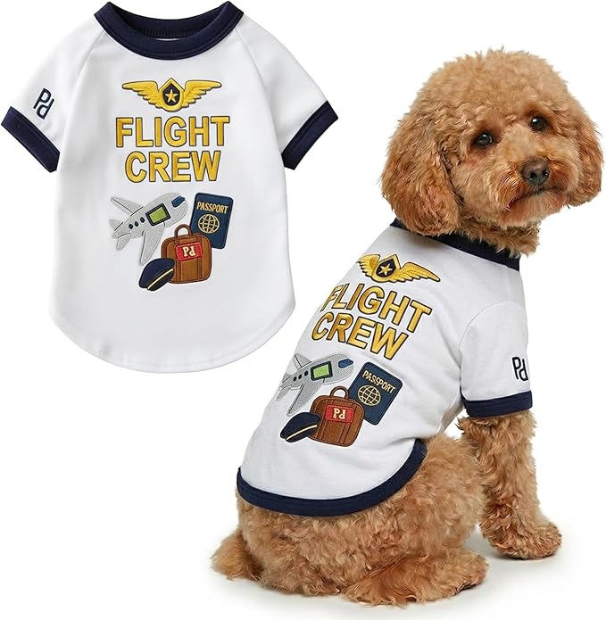 Parisian Pet Dog Flight Crew Shirt - Embroidered Pet Vest - 100% Cotton & Polyester Doggy Shirt - Lightweight Pet Clothes - Sleeved Puppy Costume - White Shirts for Large Dogs - L