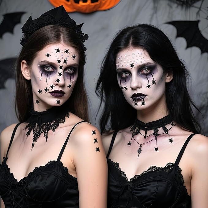 Halloween Black Face Stickers Gems for Makeup, 3 Sheets Spooky Spider Witch Bat Face Glitter Rhinestone jewels, Self Adhesive Face Eye Nail Body Gems Stick on for Boo Rave Festival Accessories