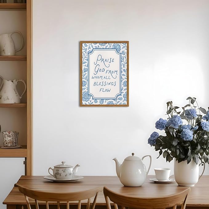 Framed Christian Wall Art, Bible Verse Praise God From Whom All Blessings Flow Pictures Wall Decor, Blue Floral Scripture Paintings Canvas Prints Religious Home Decor for Prayer Living Room 12x16 inch