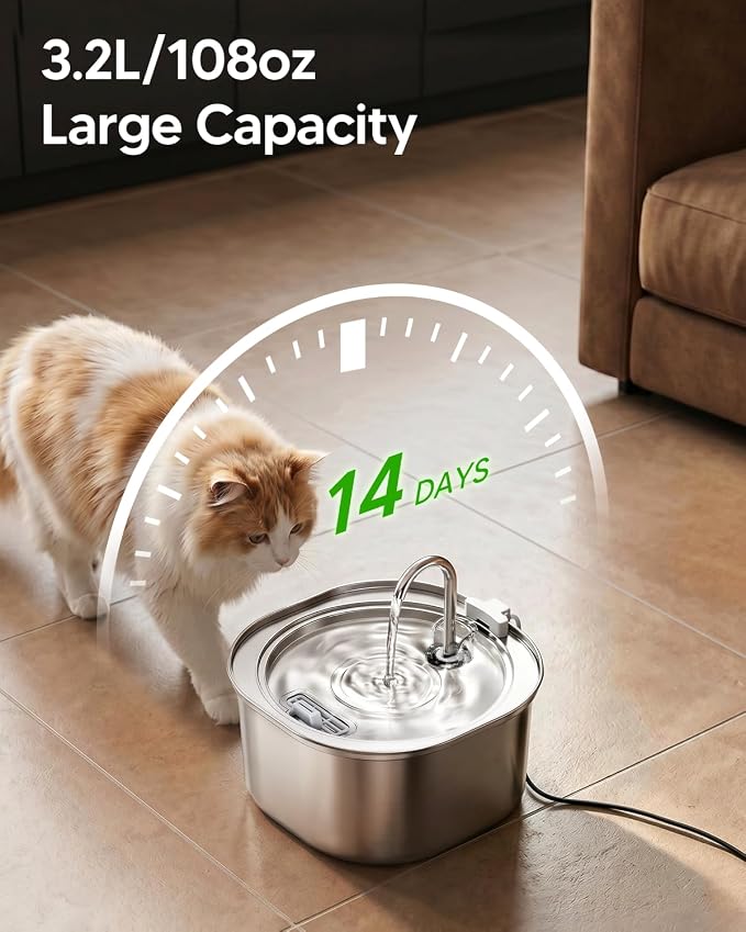 PEKTACO Cat Water Fountain, 3.2L Pet Drinking Fountain with 3 Filters | Stainless steel cat drinking fountain, dishwasher safe, with triple filtration, quiet pump, faucet for cats and small pets