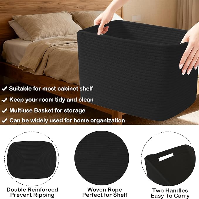 3 Pack Woven Baskets,Storage Baskets for Shelves with Handles | 13.5"×11"×9.5",Closet Baskets,Gift Basket,Nursery Organizer for Toys Towels Books,Storage Bin for Living Room Bedroom-Black