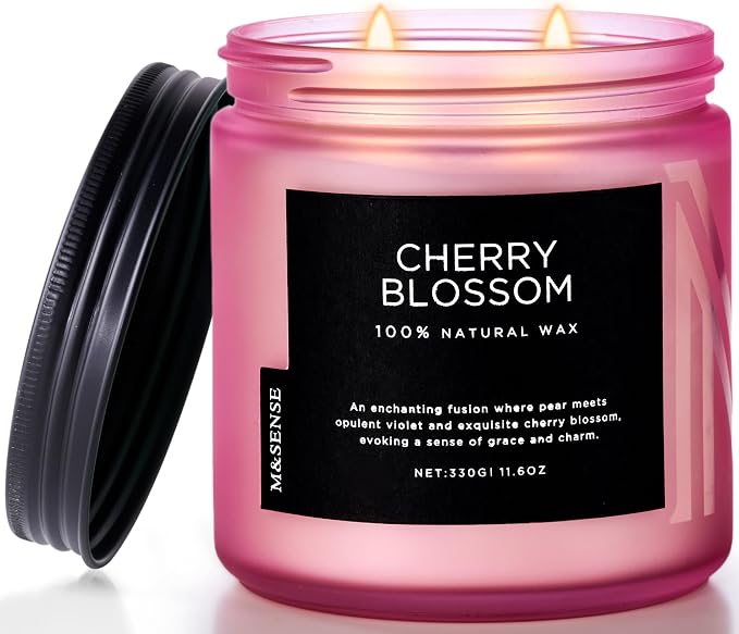 M&SENSE Cherry Blossom Home Scented Candles, 11.6oz Natural Soy Wax, Non-Toxic Clean Burning, 70-Hour Burn Time, Spring Floral Aromatherapy for Stress Relief & Relax, Relaxing Candle Gifts for Mom