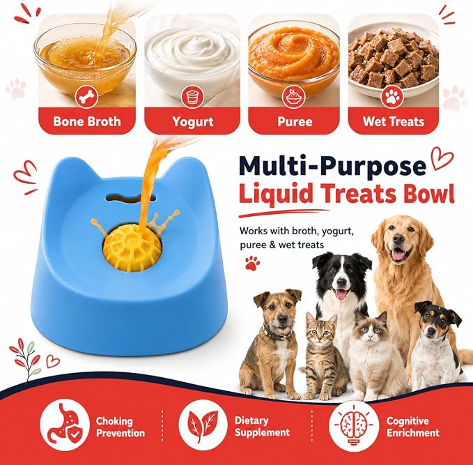 Slow Feeder Dog Lick Bowl with Rolling Ball and Suction Cups Blue