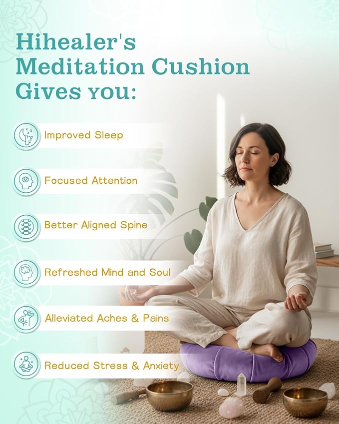 Hihealer Premium Crescent Meditation Cushion, Ergonomic Buckwheat Hull Floor Pillow for Adults, Comfortable Yoga Bolster for Meditation & Floor Sitting (Purple)