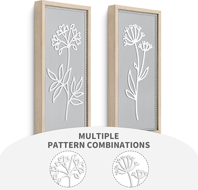 Gray Bathroom Wall Decor Set of 2, Rectangular 3D Wooden Floral Wall Art | Raised white floral cutouts in rectangular frames, ready to hang; neutral boho farmhouse decor for bedroom and hallway walls