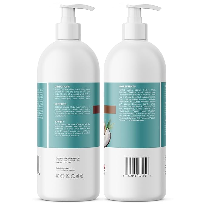 EDENIKA BOTANICALS Coconut Body Wash, Cleans, Softens & Nourishes, Ultra Moisturizing Shower Gel for Dry and Sensitive Skin, Women & Men, Organic & Natural, 16 fl oz
