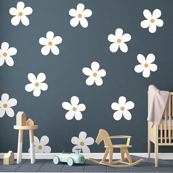 TaoBary 12 Sheet Daisy Wall Sticker Decal,White, Yellow,Charming Style | Big Flower Wall Sticker, Pink White Floral Decal, Daisy Bedroom Room Decor, Removable Peel and Stick, Nursery Home Wall Decor