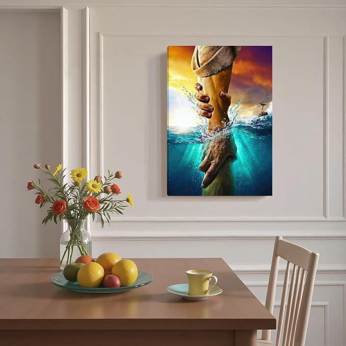 Framed Jesus Christ Canvas Wall Art The Hand of God Jesus Reaching Into Water Christian Painting Prints Biblical Wall Decor Religious Room Decor for Church Prayer Room Schools Hospitals 20"x30"