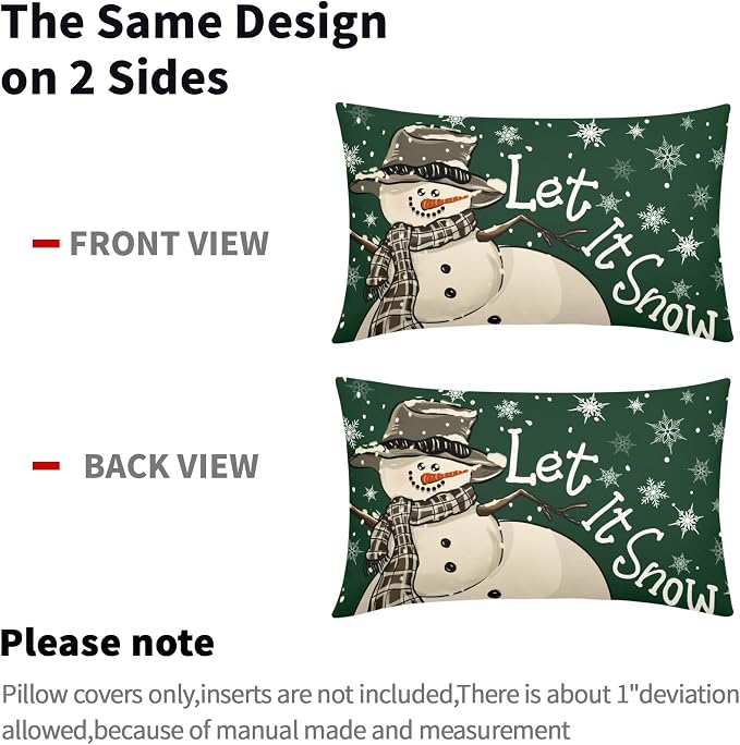 Christmas Green Lumbar Pillow Covers 12X20 Inch Set of 2 Xmas Snowman Snowflake Decorative Pillow Cases Winter Holiday Cotton Linen Cushion Case Modern Home Decor for Sofa Couch Bedroom
