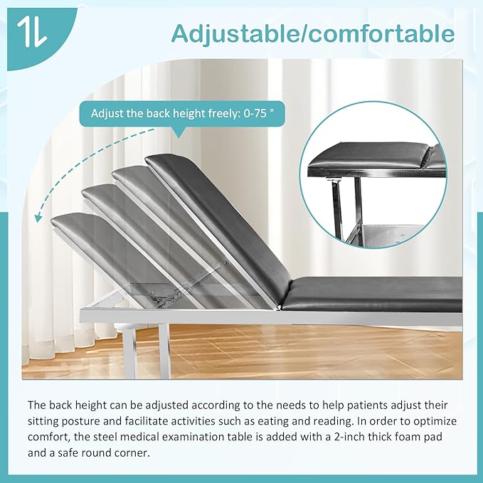 Adjustable Exam Table，Doctor Bed with Folding Legs is Stable and Durable，Folding Medical Exam Table Holds 500 lbs for Clinical Examination 、Massage 、Spa Beds、Beauty