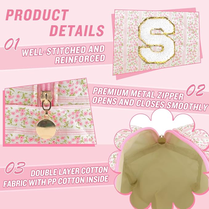 Personalized Quilted Cosmetic Bag, Puffy Monogrammed Christmas Birthday Gifts for Women & Girls, Cute initial Floral Makeup Bag Puffer Coquette Bag, Aesthetic Travel Toiletry Zipper Pouch(Pink,S)