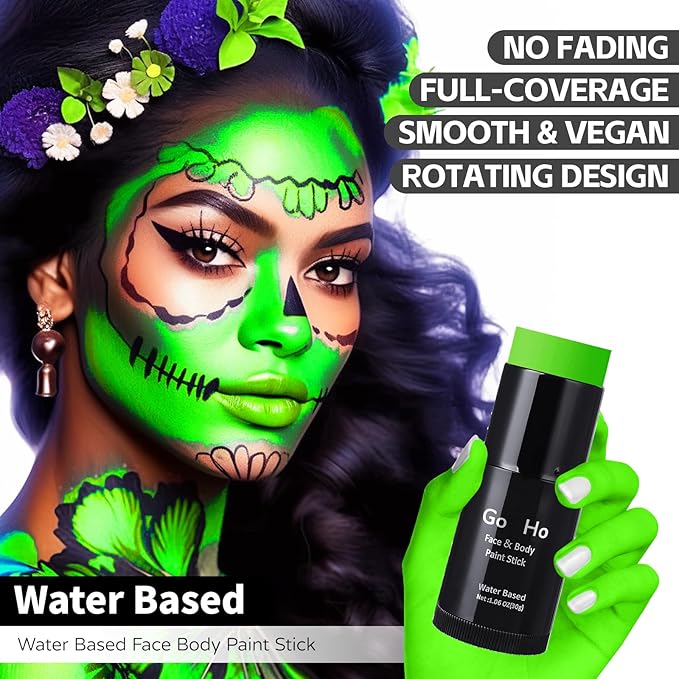 Go Ho Light Green Face Body Paint Stick,Water Based Washable Green Face Paint Stick,Non-toxic Full-coverage Cream Body Paint for Halloween Costumes Cosplay SFX Makeup