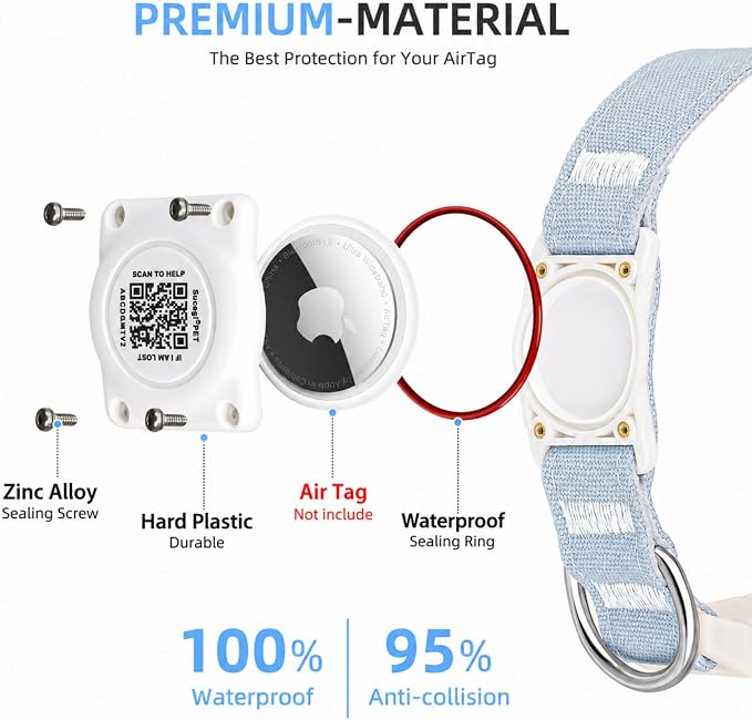 AirTag Dog Collar with QR Code ID, Dog Collar with Air Tag Holder, Blue, S