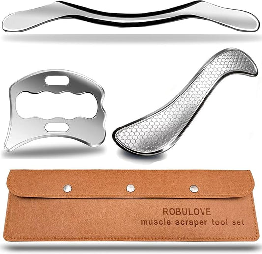 Stainless Steel Muscle Scraper Tool Set, 3-Piece IASTM Physical Therapy Kit, Manual Soft Tissue Massage Tools for Myofascial Release 14inch Long bar(Double Edge)