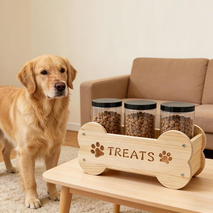 Dog Treat Storage Containers with 3 Plastic Jars Wooden Pet Food Dispenser DIY Painting on Wood for Dogs Puppies Food Storage Solution Kitchen Space-Saving and Gift for Dog Owners