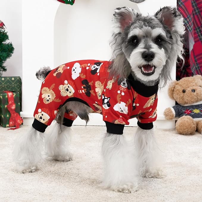 XPUDAC 4 Pack Dog Christmas Pajamas Stretchy Dog Clothes for Small Medium Dogs Girl Boy Christmas Puppy Outfit Pet Jumpsuits Pjs Winter Cat Costume, S