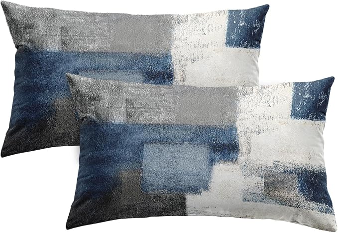 Throw Pillow Covers Set of 2, 12 x 20 Inch, Navy Grey White | Abstract Modern Art Outdoor Decorative Square Pillow Cases Couch Cushion Case for Couch Bed Sofa Living Room Home Decor