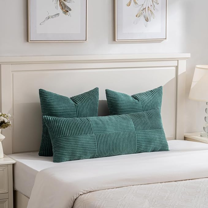 Fancy Homi Set of 1 Teal Boho Long Lumbar Body Decorative Throw Pillow Cover 14x36 Inch for Bed Couch Bedroom Bench, Soft Patchwork Corduroy Textured Pillow Case, Rustic Farmhouse Room Decor