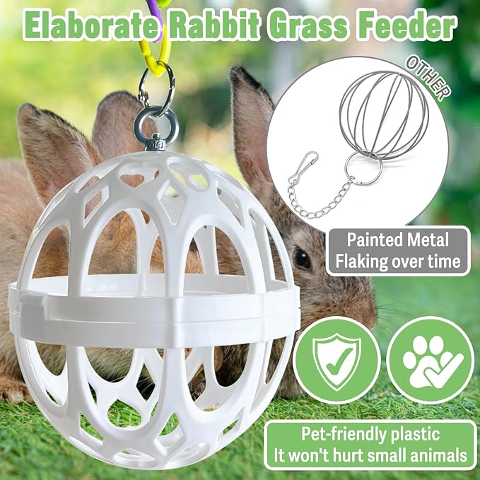 Tfwadmx Rabbit Hay Feeder Grass Play Hay Ball Chew Toy Plastic Food and Grass Frame Bowls Small Animals Hay Manger Dispenser with Chain for Hamsters Gerbils Chinchillas Guinea Pigs