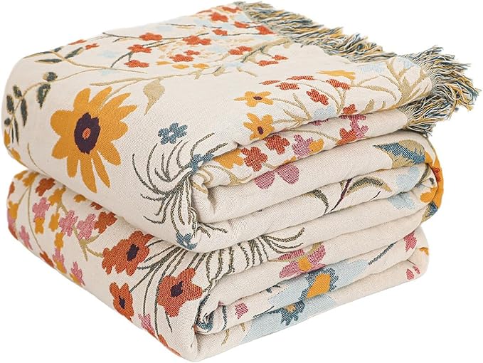 MSGKV Boho Throw Blanket 60"x80" Cotton Floral Twin Blanket for Couch Bed | 100% Cotton Muslin, Twin Size Throw Blanket, Floral Farmhouse Decor, Soft & Breathable, Lightweight Comfort, Machine Washable