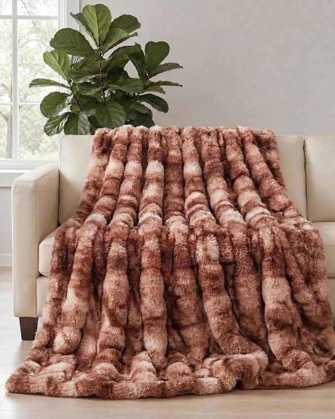 3D Fleece Bubble Blanket Queen - Rabbit Blanket - 90" x 90", Marble Brown | Soft Fluffy Faux Fur Blanket for Couch Sofa & Chair, Cozy Gifts for Women, Tie Dye Cloud Throw Bed Cover, Thick Plush Bedding