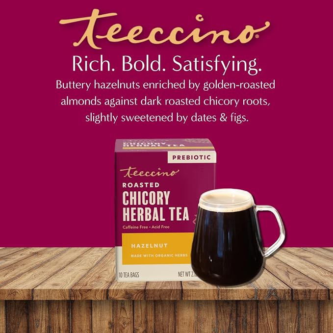 Teeccino Hazelnut Roasted Herbal Tea - Caffeine Free, Prebiotic, 3x More Herbs - 10 Tea Bags