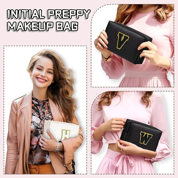 TOPEAST Preppy Makeup Bag, Small Cosmetic Travel Bags for Women, PU Leather Waterproof Toiletry Bag with Zipper, Personalized Birthday Gift for Women Girl, Preppy Gifts for Girl (Black F)