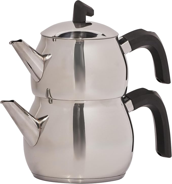 Karaca Belinay Teapot Set Silver Black, Medium Teapot, 18/10 Stainless Steel, Teapot/Lid (1 lt, 2.20 lb), Tea Kettle (1.6 lt, 3.5 lb), Suitable for Induction