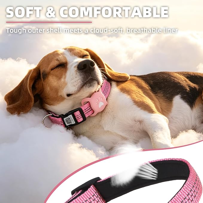 PUPTECK Airtag Dog Collar, Reflective with QR Code Buckle, Waterproof AirTag Holder Outdoor Tracking Pet Collars, Adjustable Soft Padded Durable for Small Medium Large Dogs Walking Training, Pink L