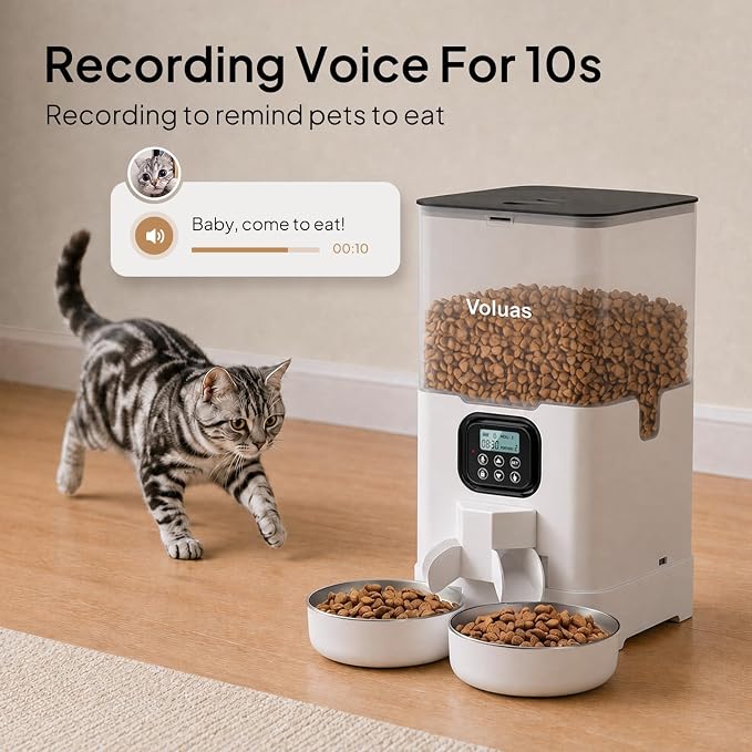 VOLUAS Automatic Cat Feeder for Two Cats with Dual Stainless Bowls, 6L | Programmable Portion Control, Timed Feeding, Memory Function, Dual Stainless Steel Bowls, 10-Second Voice Recorder