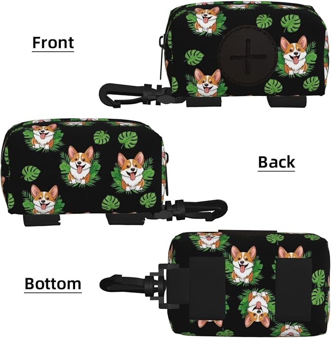 Cute Corgi Dog Tropical Leaves Peony Flowers Dog Poop Bag Holder for Walking, Hiking, Running And Traveling