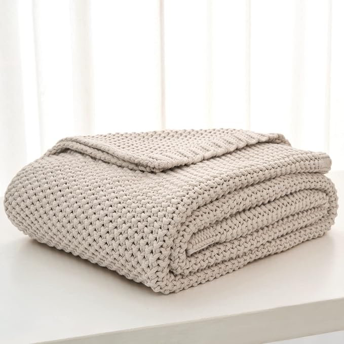 Chunky Cable Knit Throw Blanket Lightweight Beige 100% Organic Cotton Blanket for Sofa Couch Bed Baby Nursery, Rustic Shabby Chic Modern Farmhouse, 60” x 80”