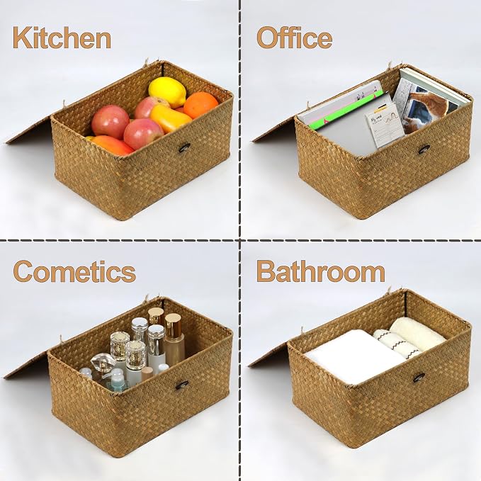 Seagrass Wicker Storage Basket with Lid, Large, Natural | Large Storage Box, Shelf Organizer, Rectangular Woven Bin, Multipurpose Home Storage, Natural Decor, 13 x 8.66 x 6.1