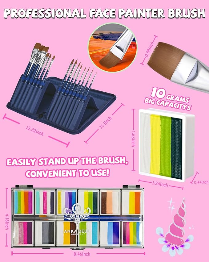 Anka Bella Professional Face Painting Kit for Kids,Rainbow Cake Face Paint with Stencil(12x10gm),Non-Toxic Water Based Face Paint Palette for Birthday Parties/Halloween/Carnival