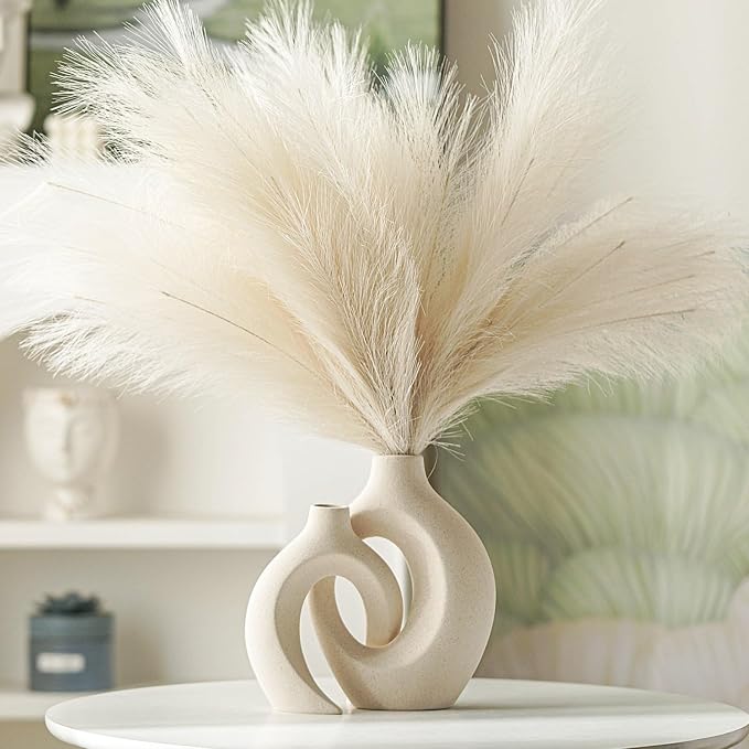 Lvases Snuggle Hollow Ceramic Vase Set of 2, Boho Home Decor for Tabletop | Modern Nordic Flower Vase for Pampas Grass, Decorative Coffee-Table Centerpiece for Living Room, 6.3 x 8.4 in, Milky White