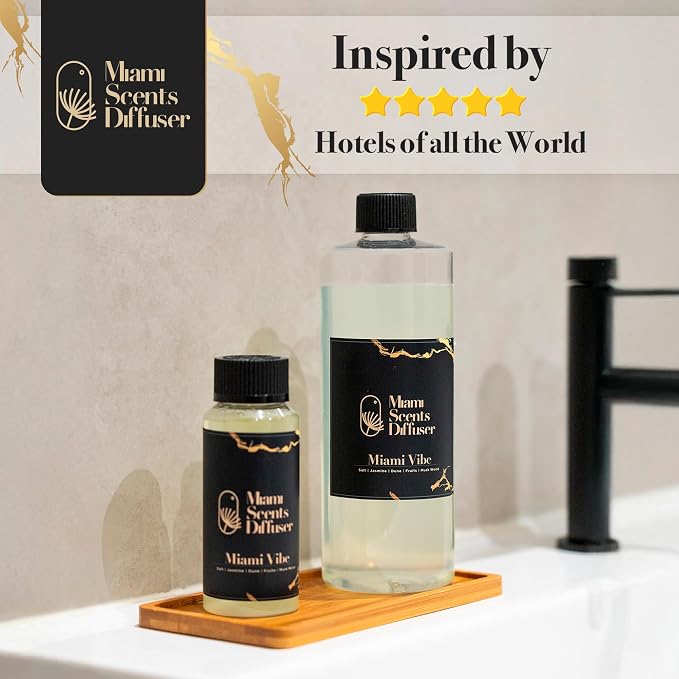 Miami Vibe Scent Inspired by Fontainebleau Hotel 4 Fl Oz - 120 ml Essential Oils Aroma for Home Office Diffuser Luxury Fragance Refill Aromatherapy Fresh Blend of Jasmine, Dune, Fruits and Musk Wood.
