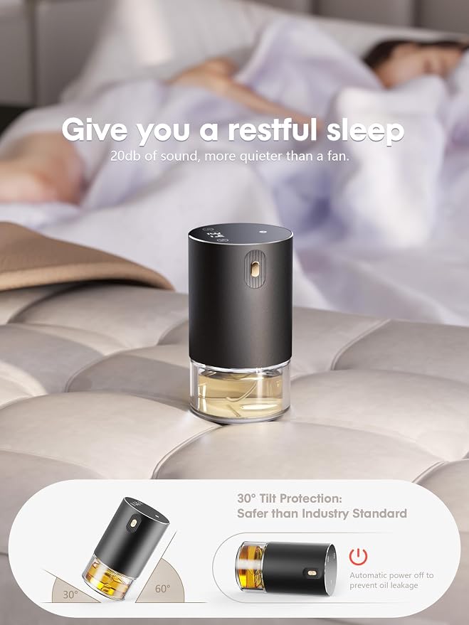 Waterless Oil Diffuser for Home, Car, Office - Rechargeable Scent & Essential Oil Diffuser, 4 Mist Modes and 1/2/4/6 Hour Timer, Portable Cordless Aromatherapy, Spill-Proof Metal Design - Black