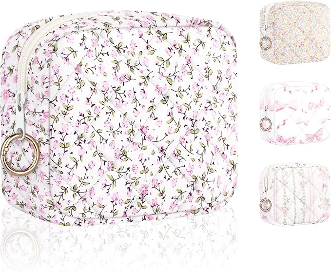 Period Bag for Teen Girls, Quilted Sanitary Napkin Storage Bag, Cute Menstrual Pad Pouch Tampon Holder (Pink Floral)