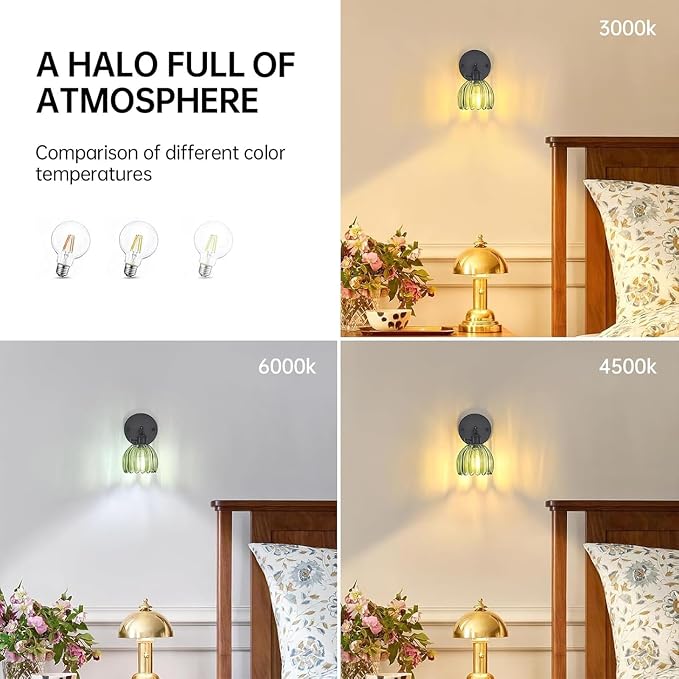 Shenmoyl Vintage Wall Sconce with Green Tulip Glass Lampshade 180 Degree Adjustable Black Sconce Hradwired Modern Wall Lighting Fixture with Switch for Bedside Bedroom Doorway